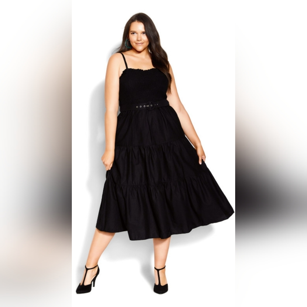 NWT City Chic Black Shirred Dress with Belt. S/16